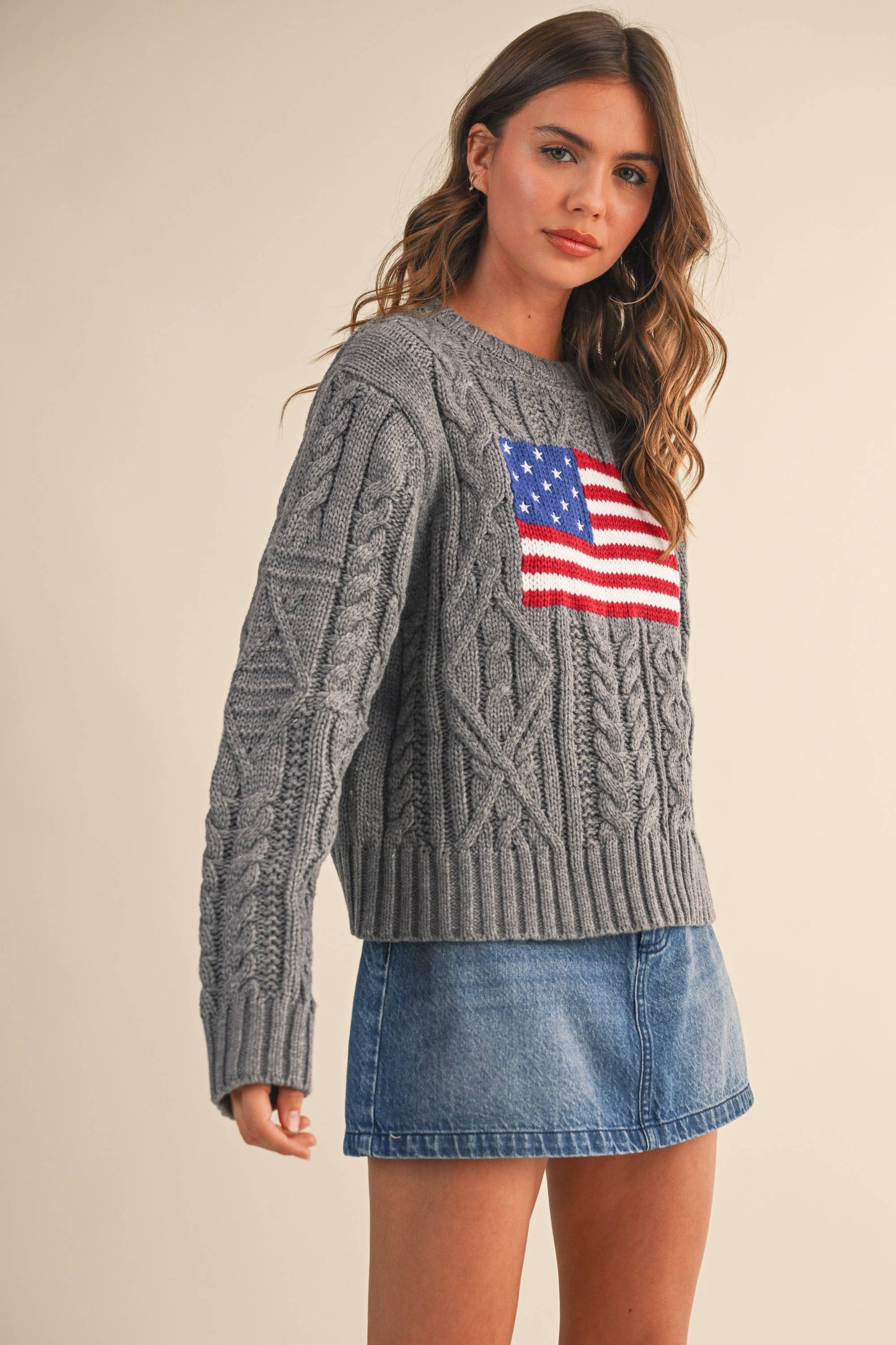 IT4473 USA FLAG CABLE KNIT SWEATER