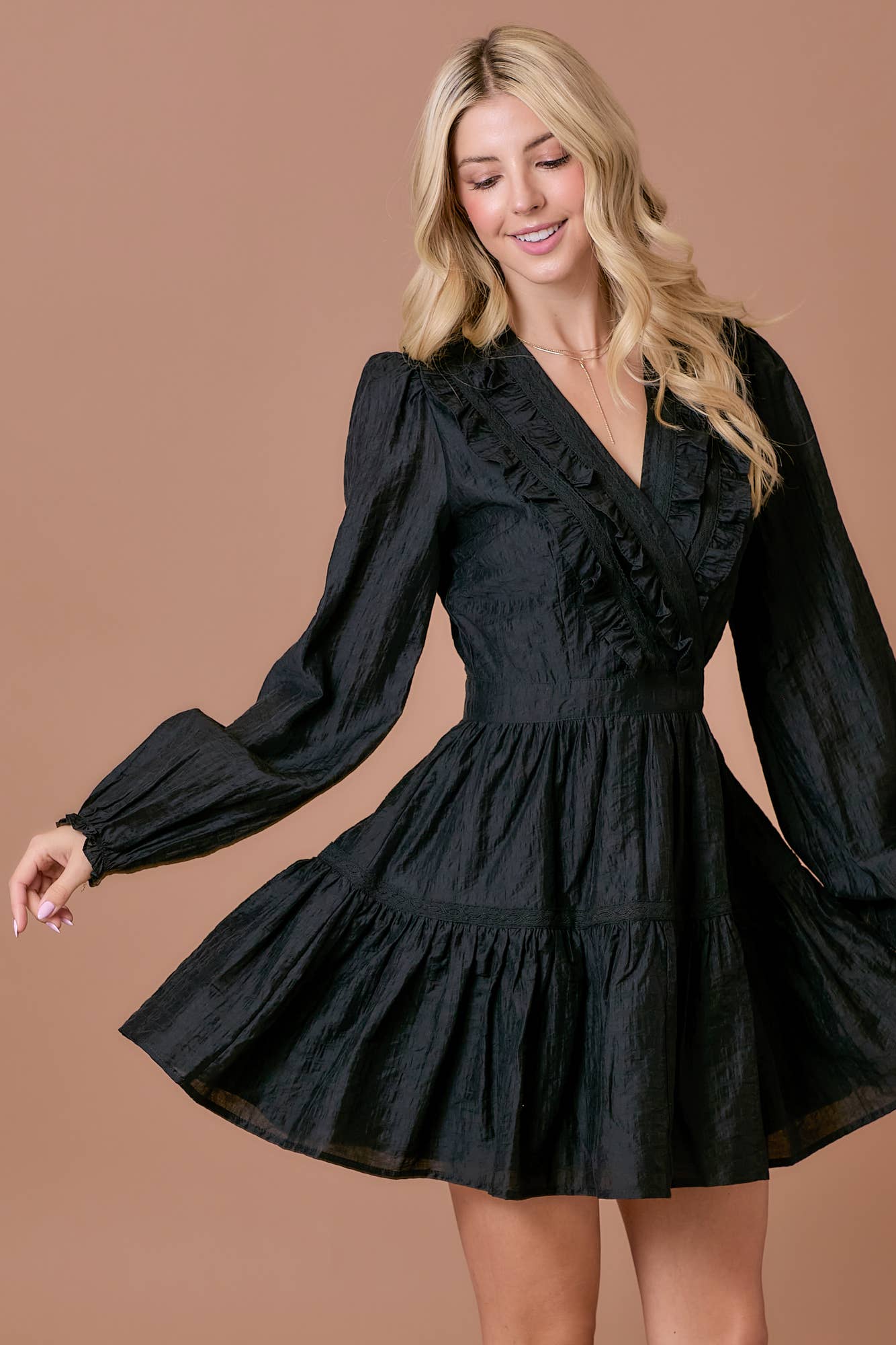 Surplice long sleeve dress with ruffle detailing: BLACK / M