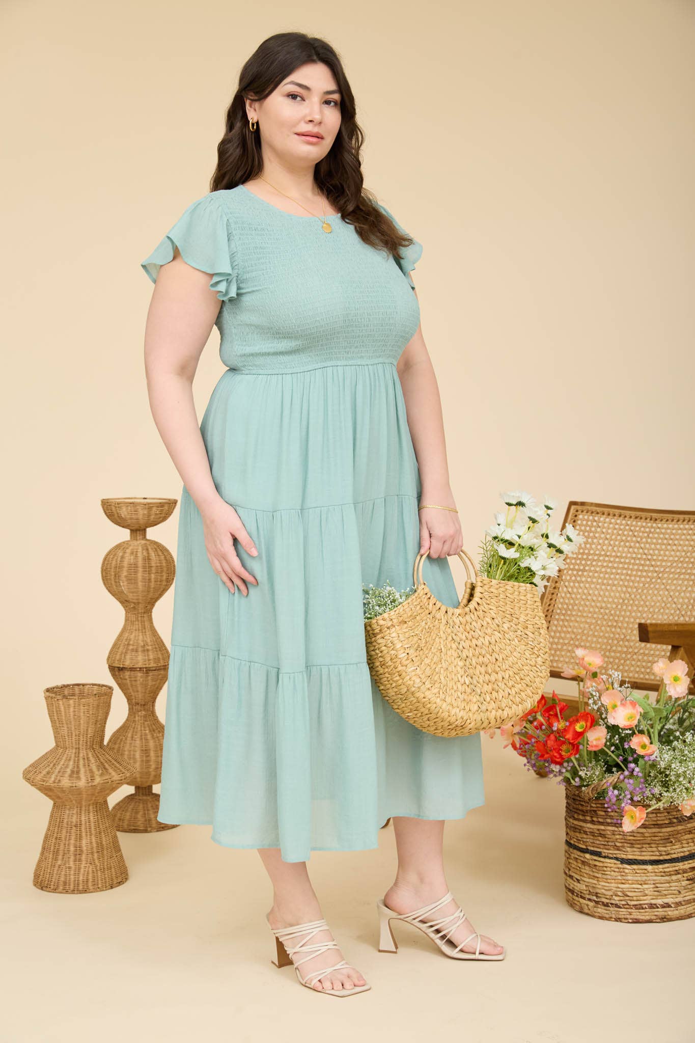 PLUS TIERED SMOCKED SHORT SLEEVE MIDI DRESS