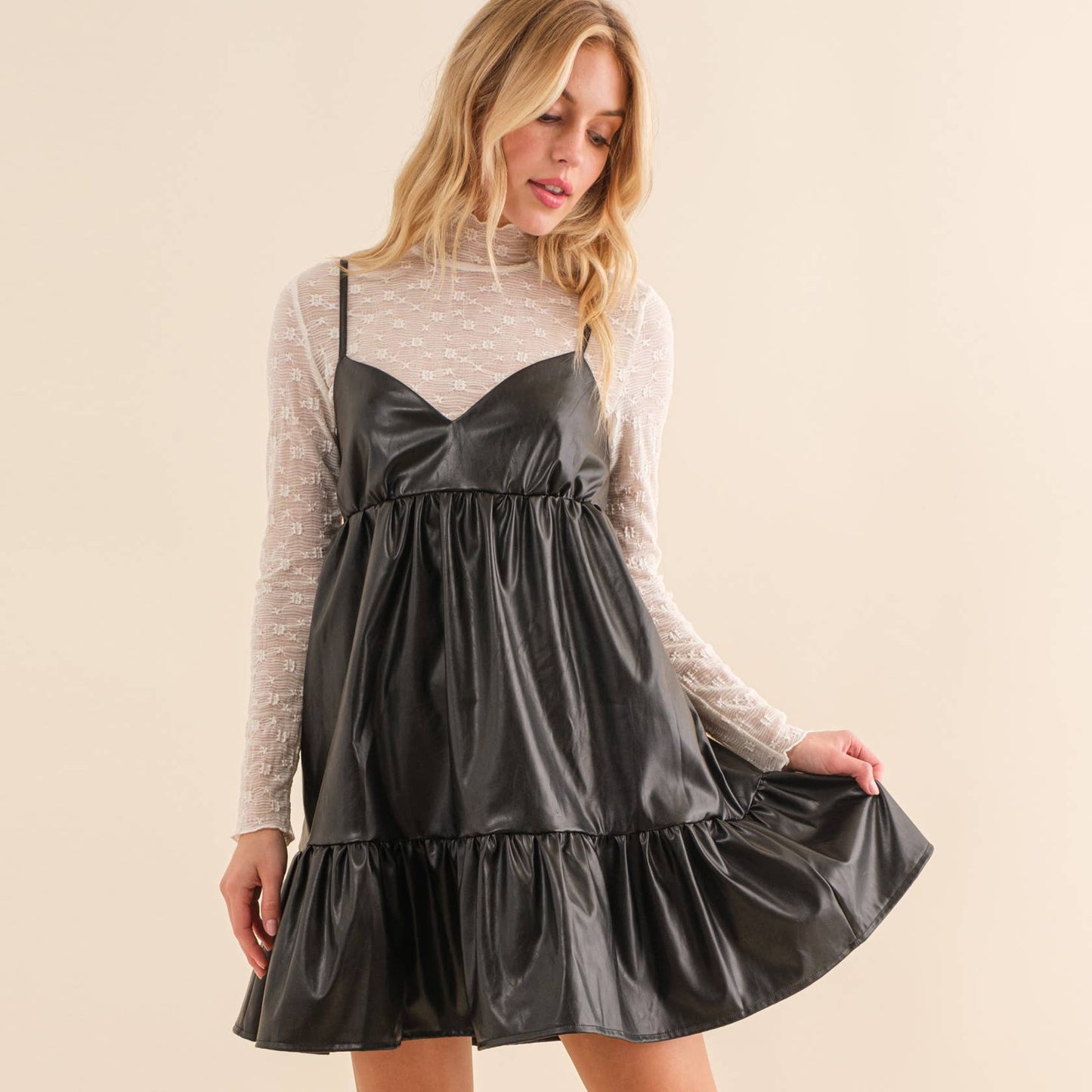 LEATHER MINI DRESS-HYD0055: Black