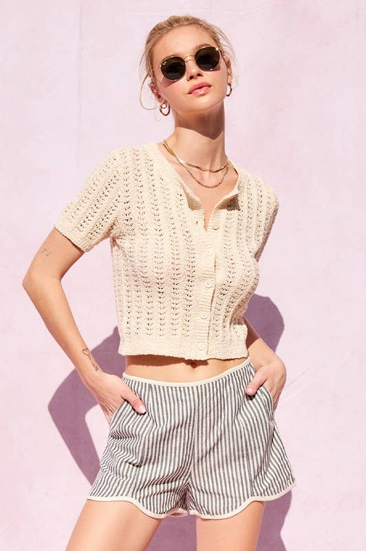 Stripe Cotton Contrast Binding Shorts