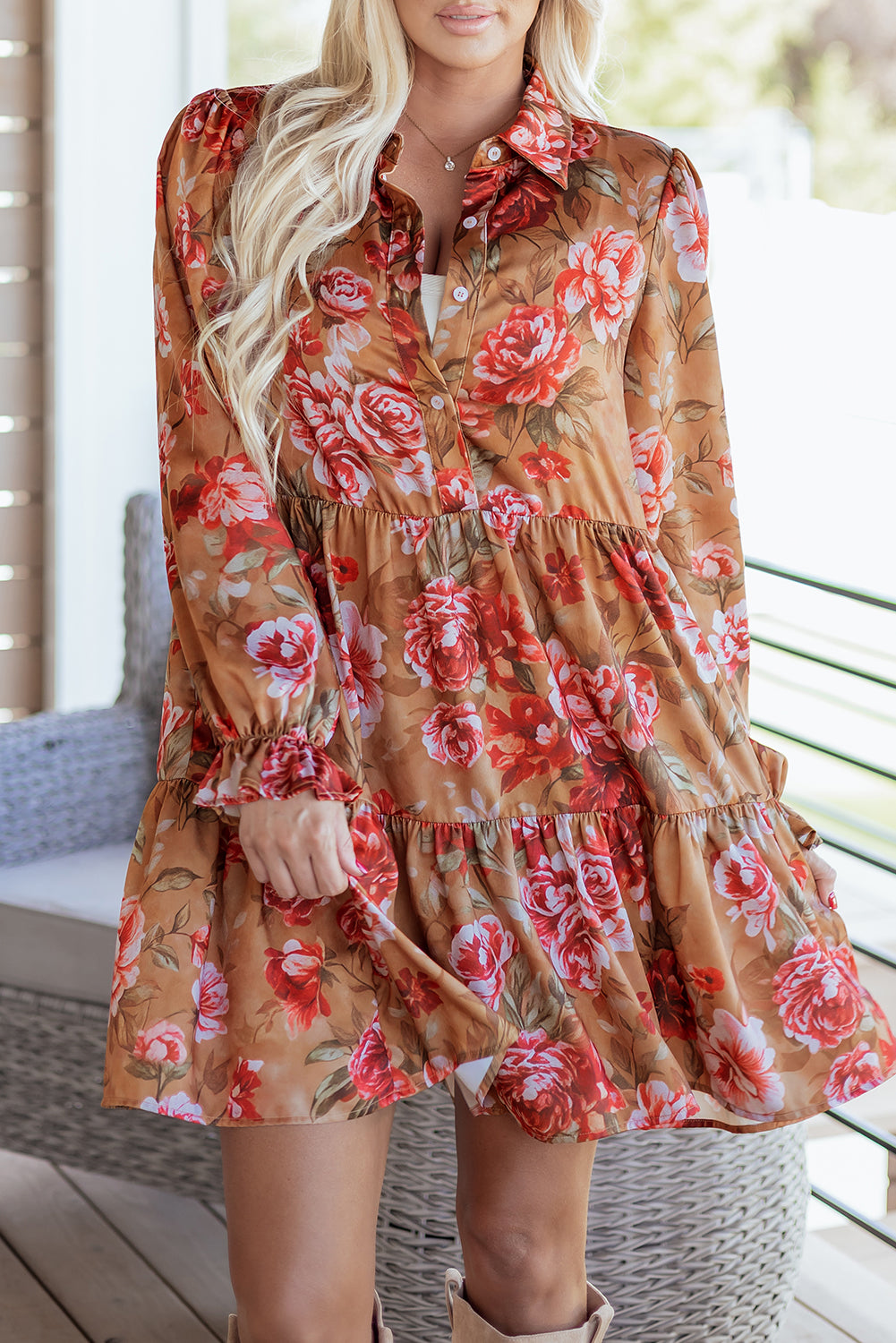 Women's Brown Vintage Floral Print Shirt Dress with Long Sleeves