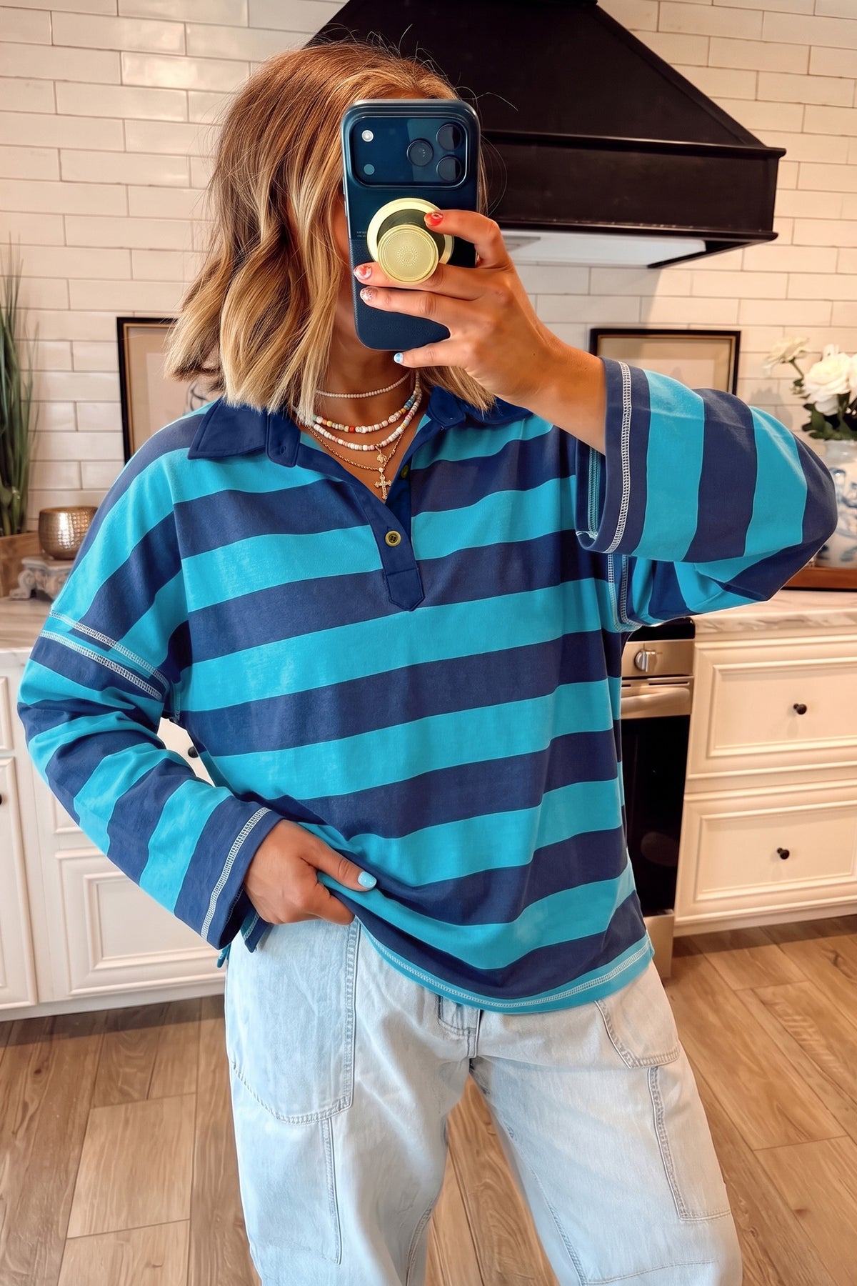 Brown Stripe Contrast Polo Top
