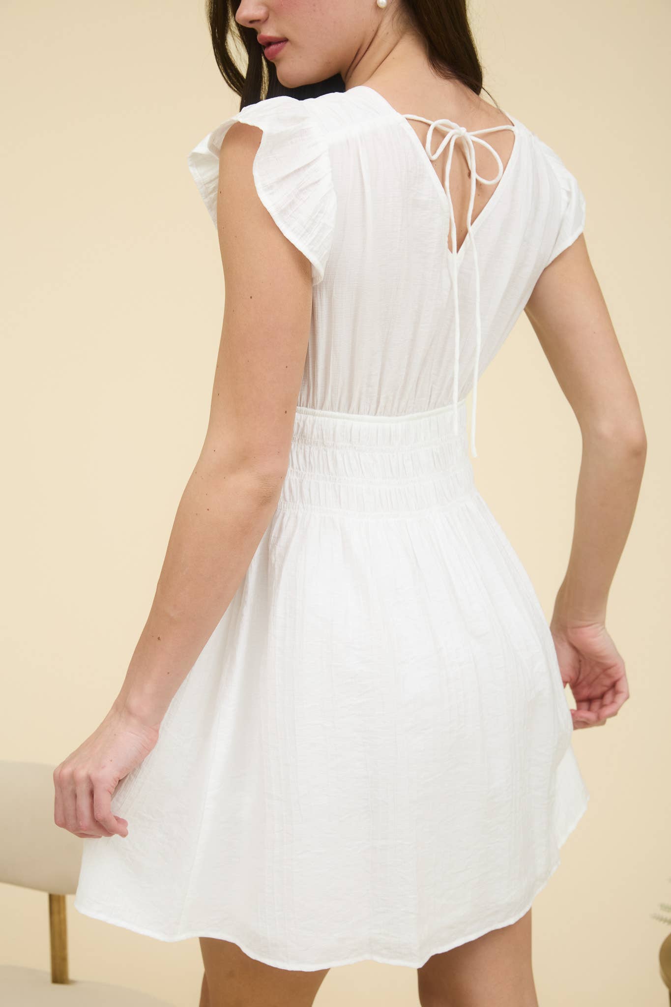 V NECK SHIRRED WAIST RUFFLE SLEEVE MINI DRESS