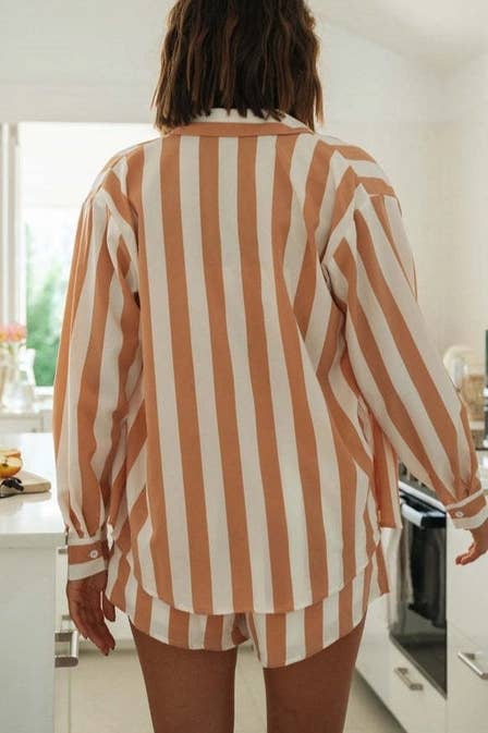 Ladies Stripe Top and Shorts Daily 3PCS Set SKST1704: Orange / XL