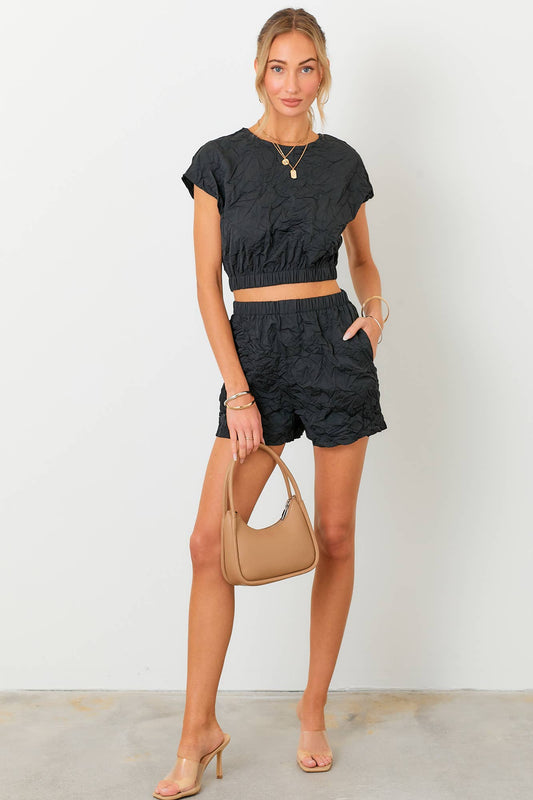 Crinkle Crop Top and Shorts Set: BLACK / L