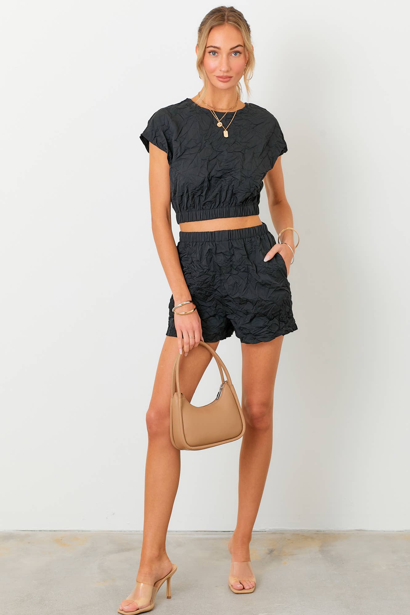 Crinkle Crop Top and Shorts Set: BLACK / S