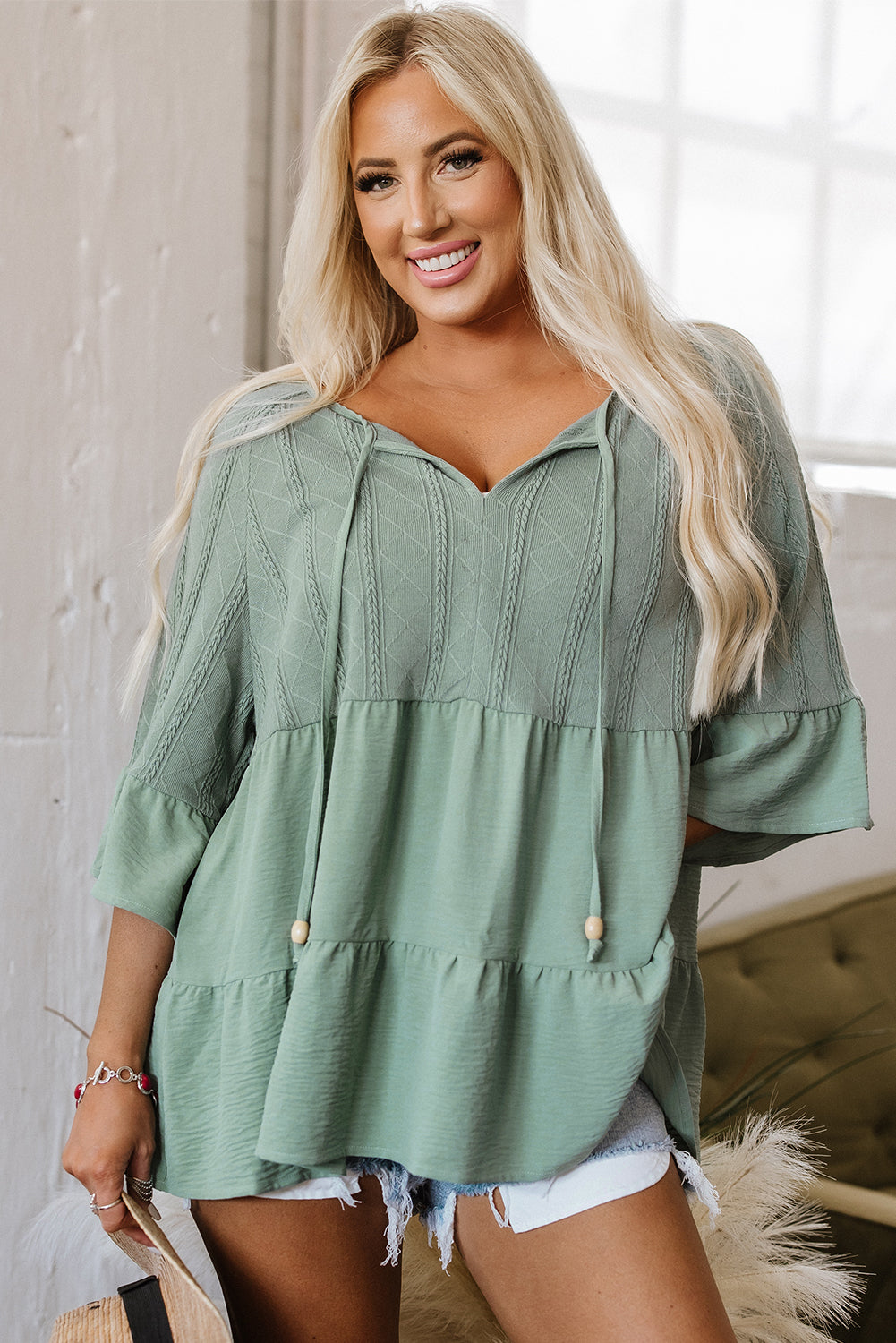 Laurel Green Tie Split Neck Textured Ruffle Patchwork Blouse