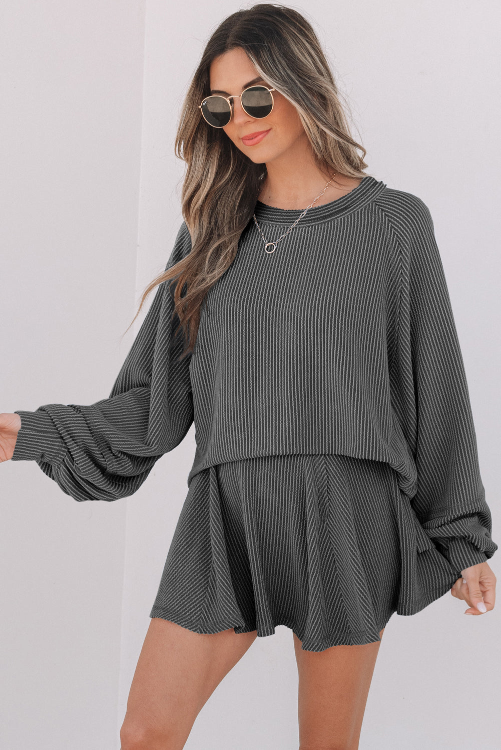 Sky Blue Corded Lantern Sleeve Top High Waist Ruffled Mini Skirt Set