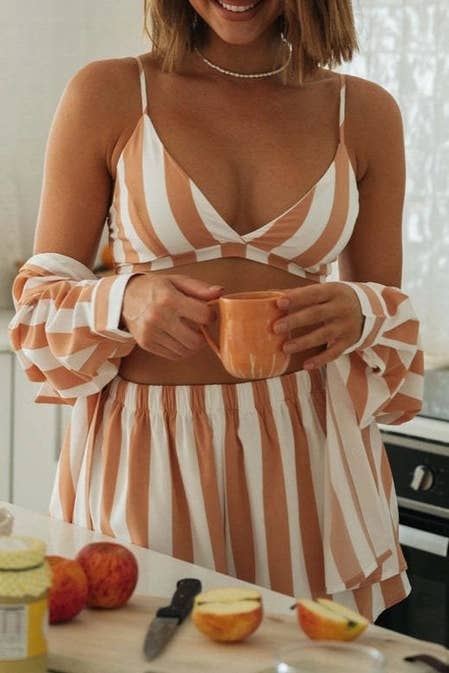 Ladies Stripe Top and Shorts Daily 3PCS Set SKST1704: Orange / XL