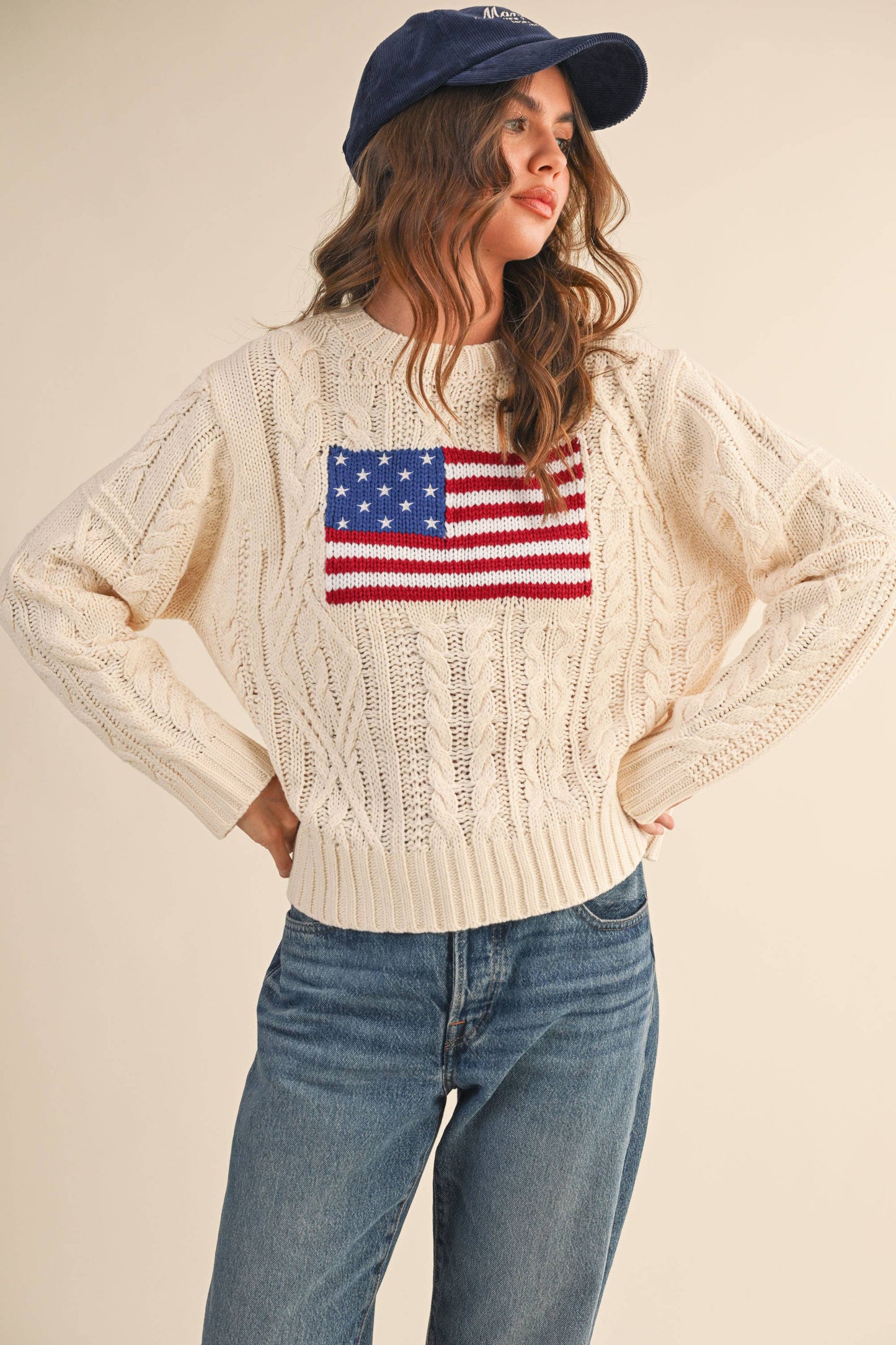 IT4473 USA FLAG CABLE KNIT SWEATER