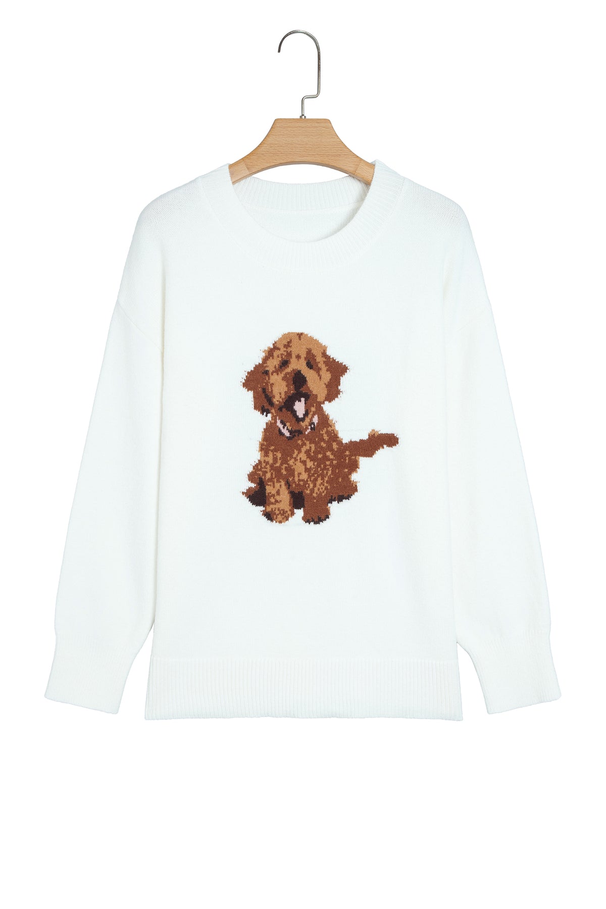 White Cozy Dog Print Dropped Shoulder Relaxed Sweater
