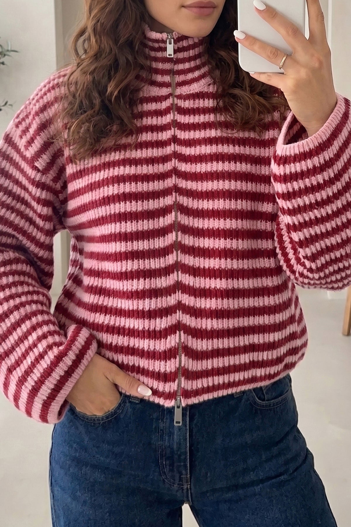 Red Stripe Zip Up Sweater
