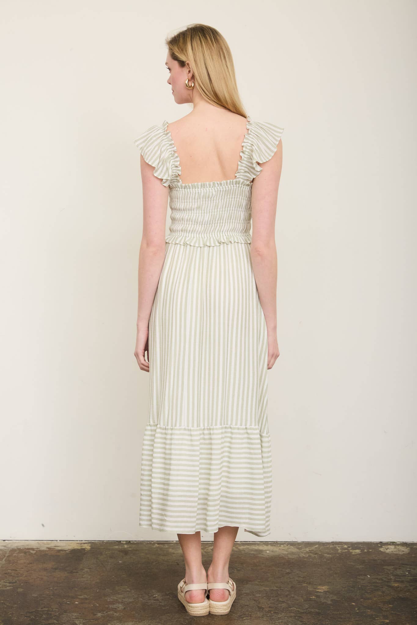 PLUS BLUE AND WHITE STRIPED SMOCKED RUFFLE TRIM MIDI DRESS