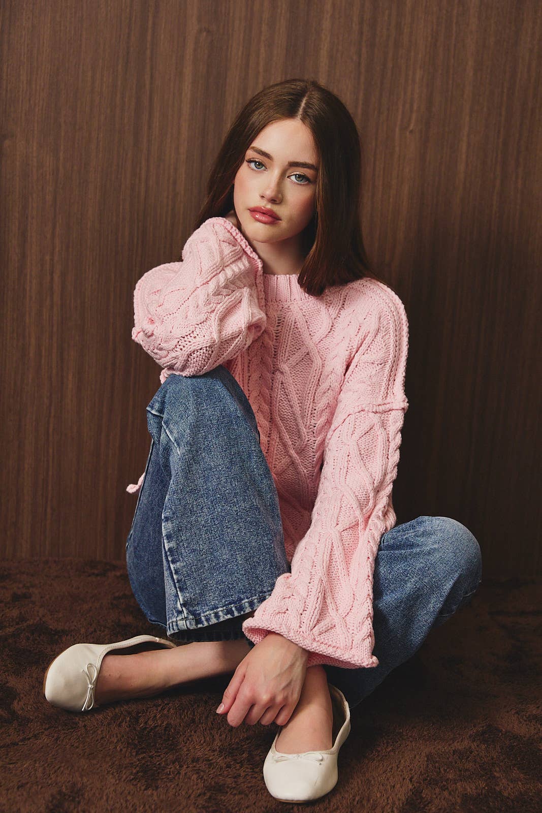 Oversized Cropped Cable Knit Crew Neck Sweater