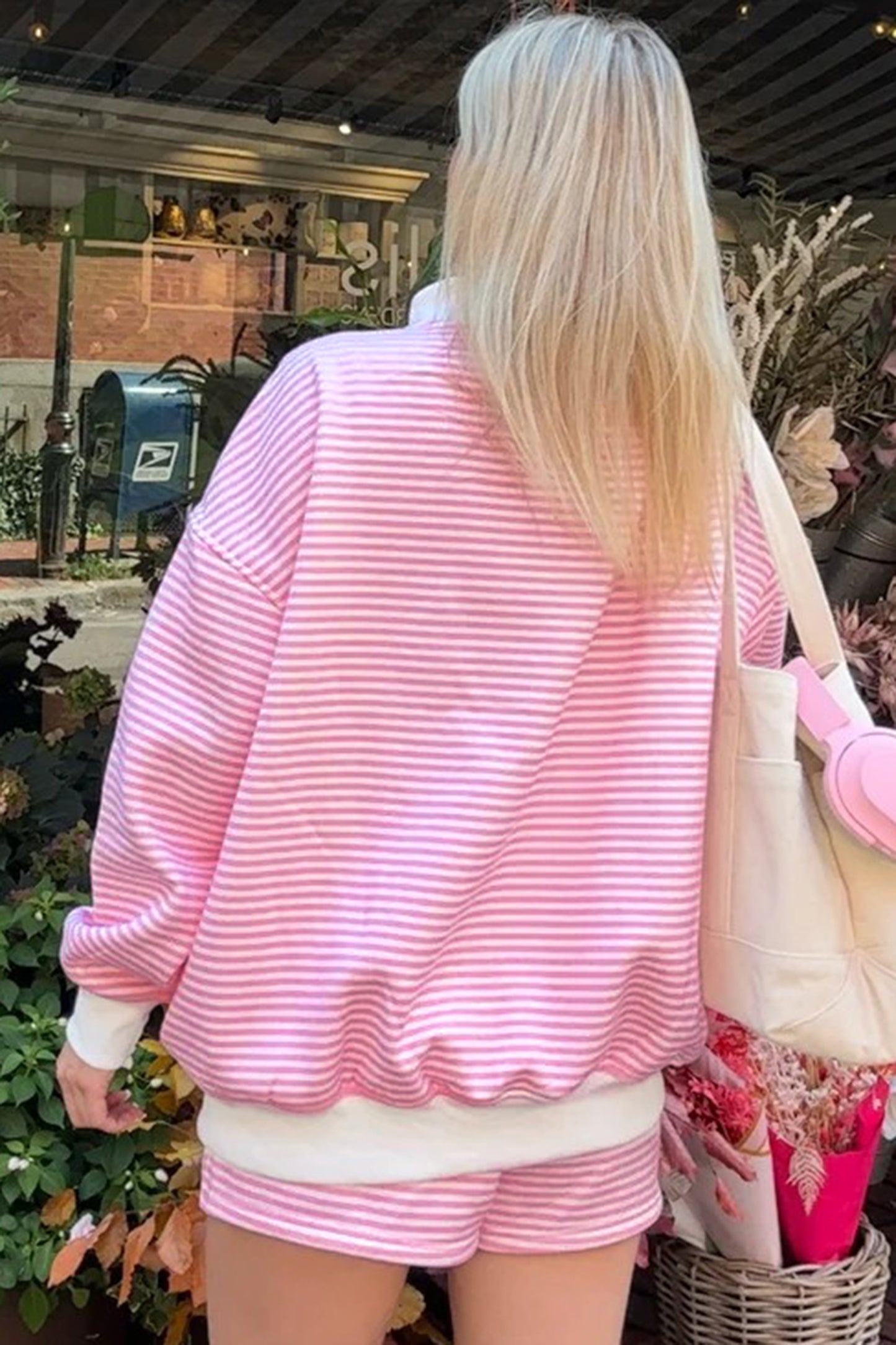 Oversize Striped Mock Neck Sweatshirt and Shorts Set