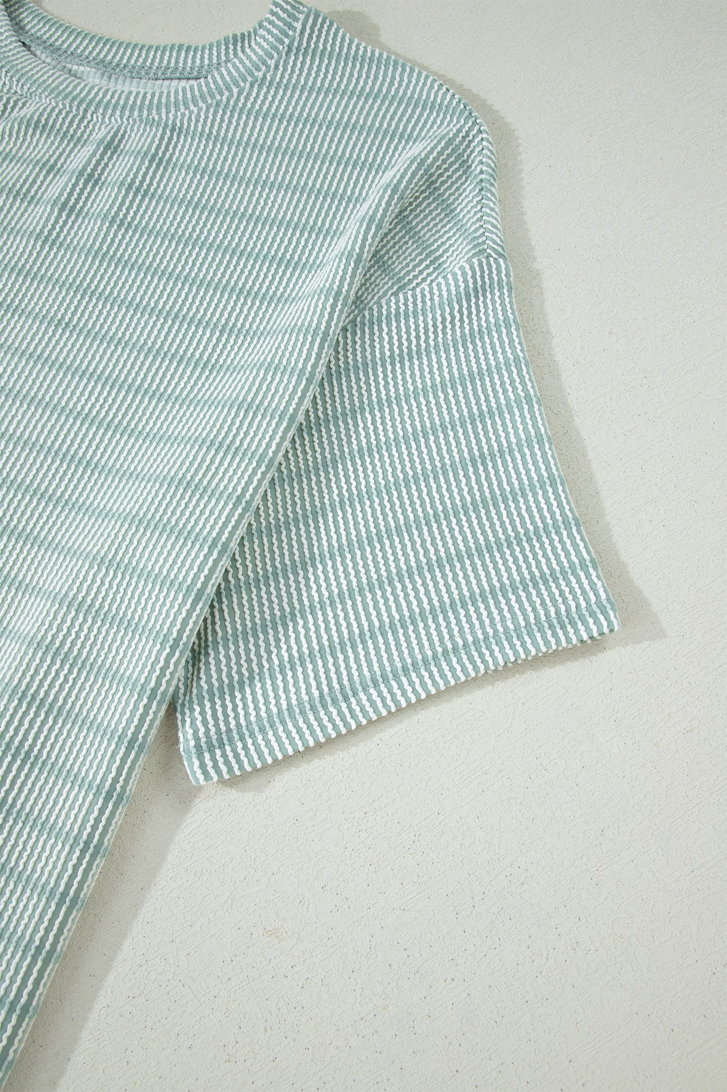 Sky Blue Stripe Raised Rib Loose Tee Drawstring Elastic Waist 2pcs Short Set