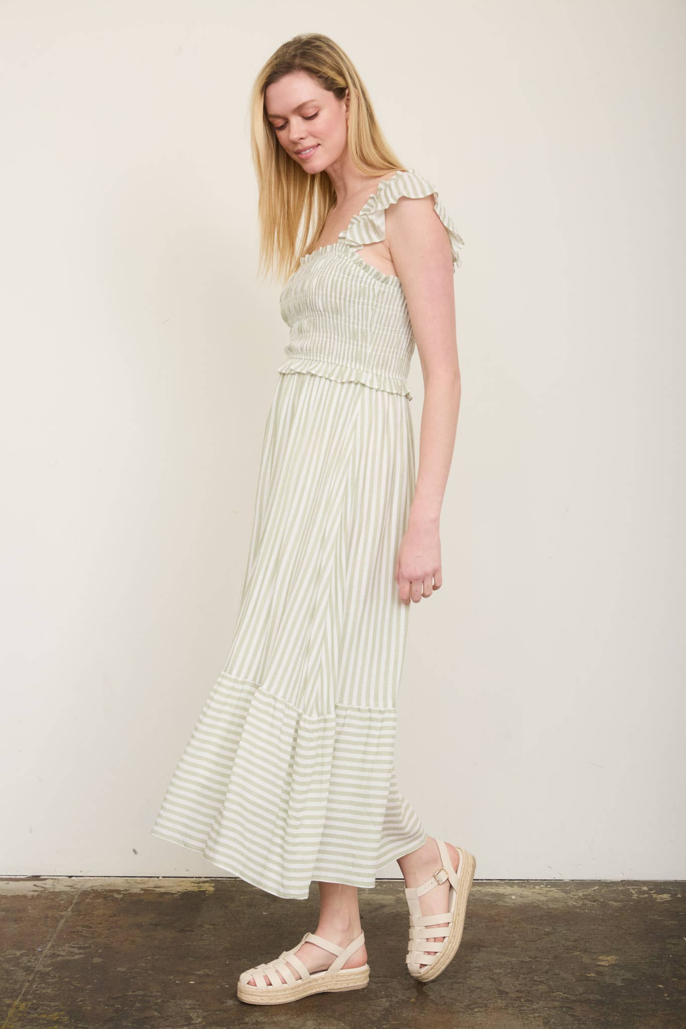 PLUS BLUE AND WHITE STRIPED SMOCKED RUFFLE TRIM MIDI DRESS
