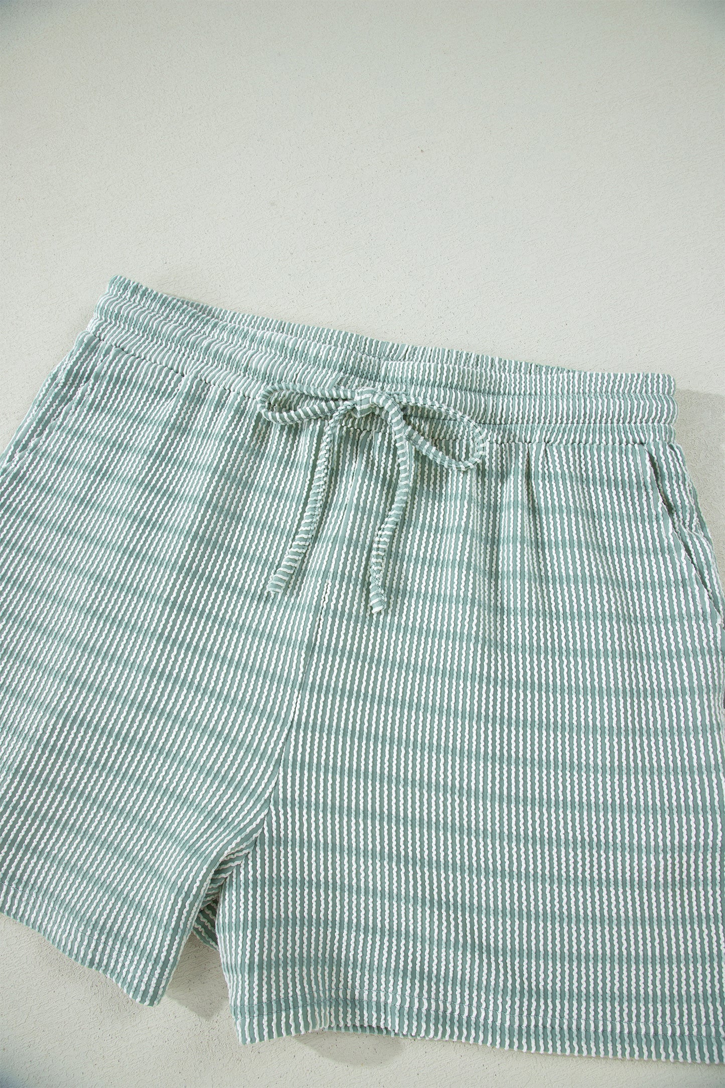 Sky Blue Stripe Raised Rib Loose Tee Drawstring Elastic Waist 2pcs Short Set
