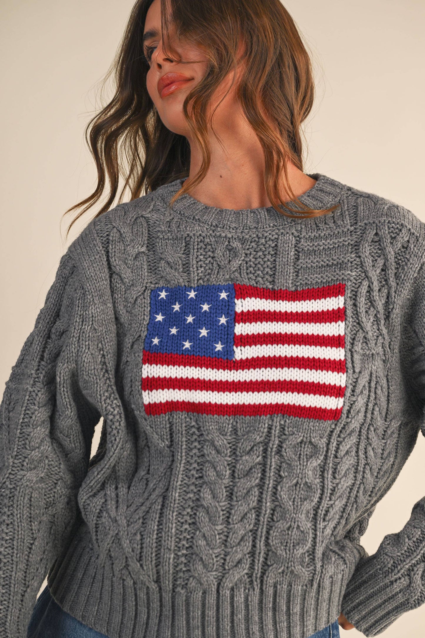 IT4473 USA FLAG CABLE KNIT SWEATER