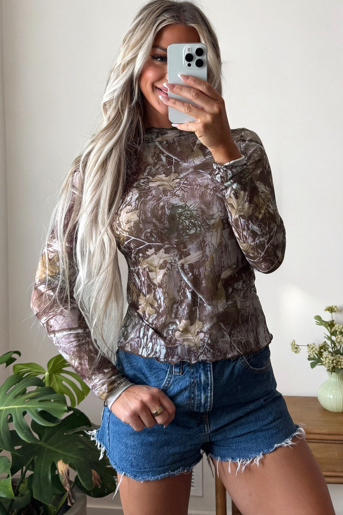 Smoke Gray Floral Print Slim Fit Mesh Long Sleeve Mock Neck Top