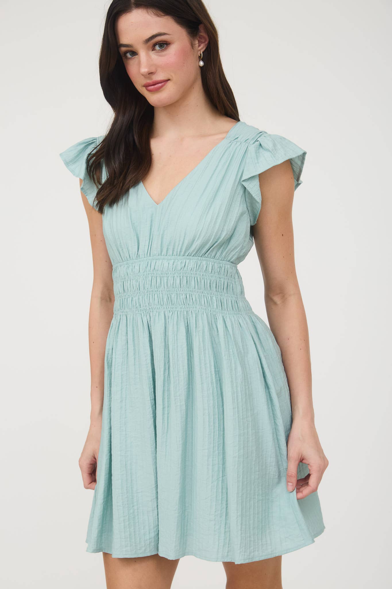 V NECK SHIRRED WAIST RUFFLE SLEEVE MINI DRESS