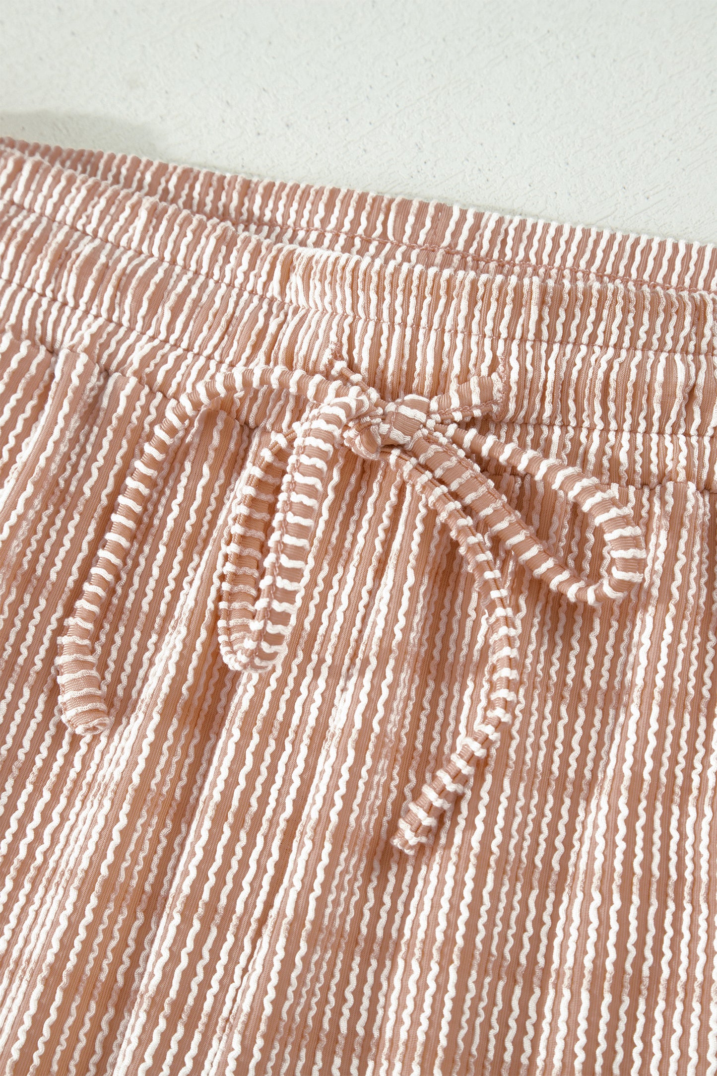 Sky Blue Stripe Raised Rib Loose Tee Drawstring Elastic Waist 2pcs Short Set