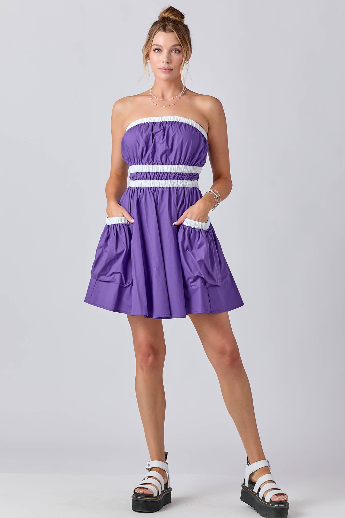 Gameday Contrast Gathered Over Sized Pocket Tube Dress : PURPLE / M