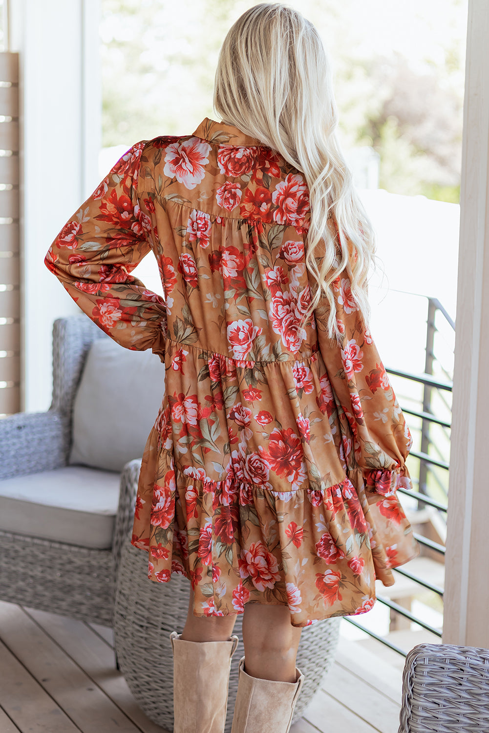 Women's Brown Vintage Floral Print Shirt Dress with Long Sleeves