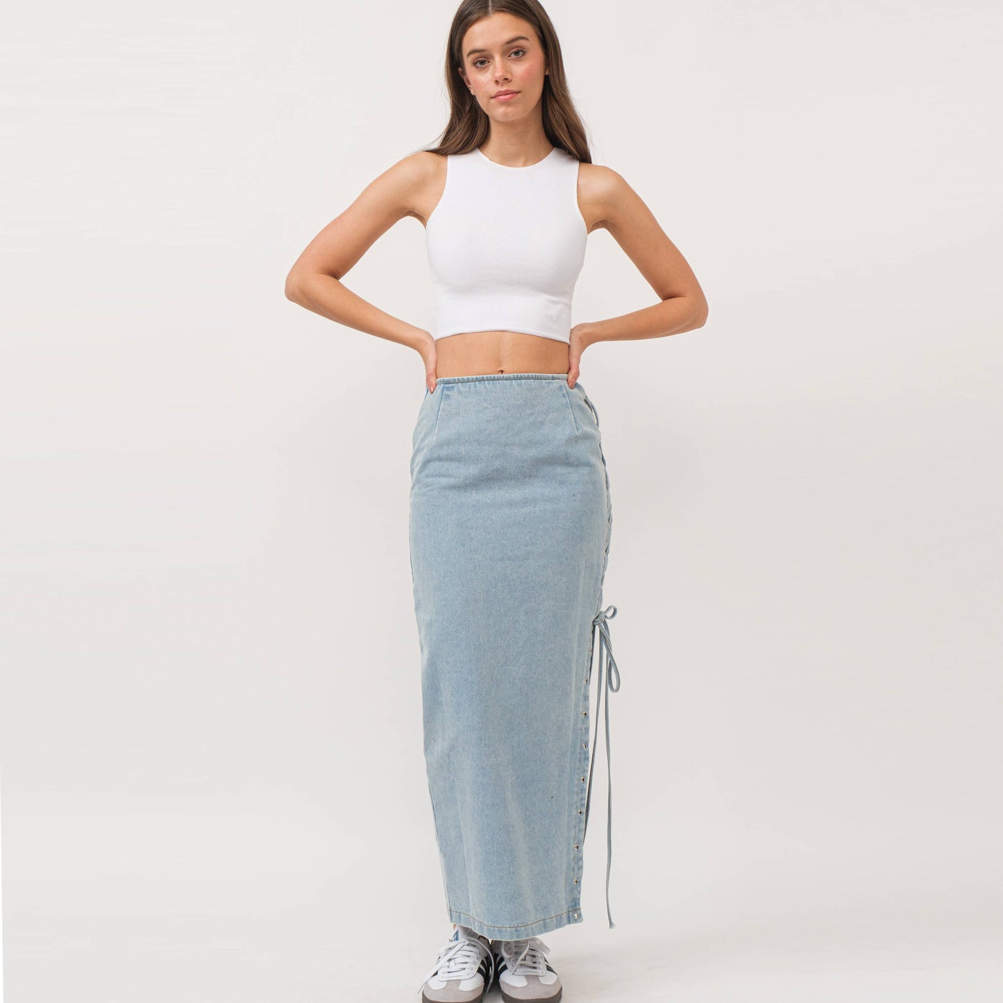 LIGHT DENIM SIDE LACE UP MAXI SKIRT-HES0010: LIGHT DENIM / L
