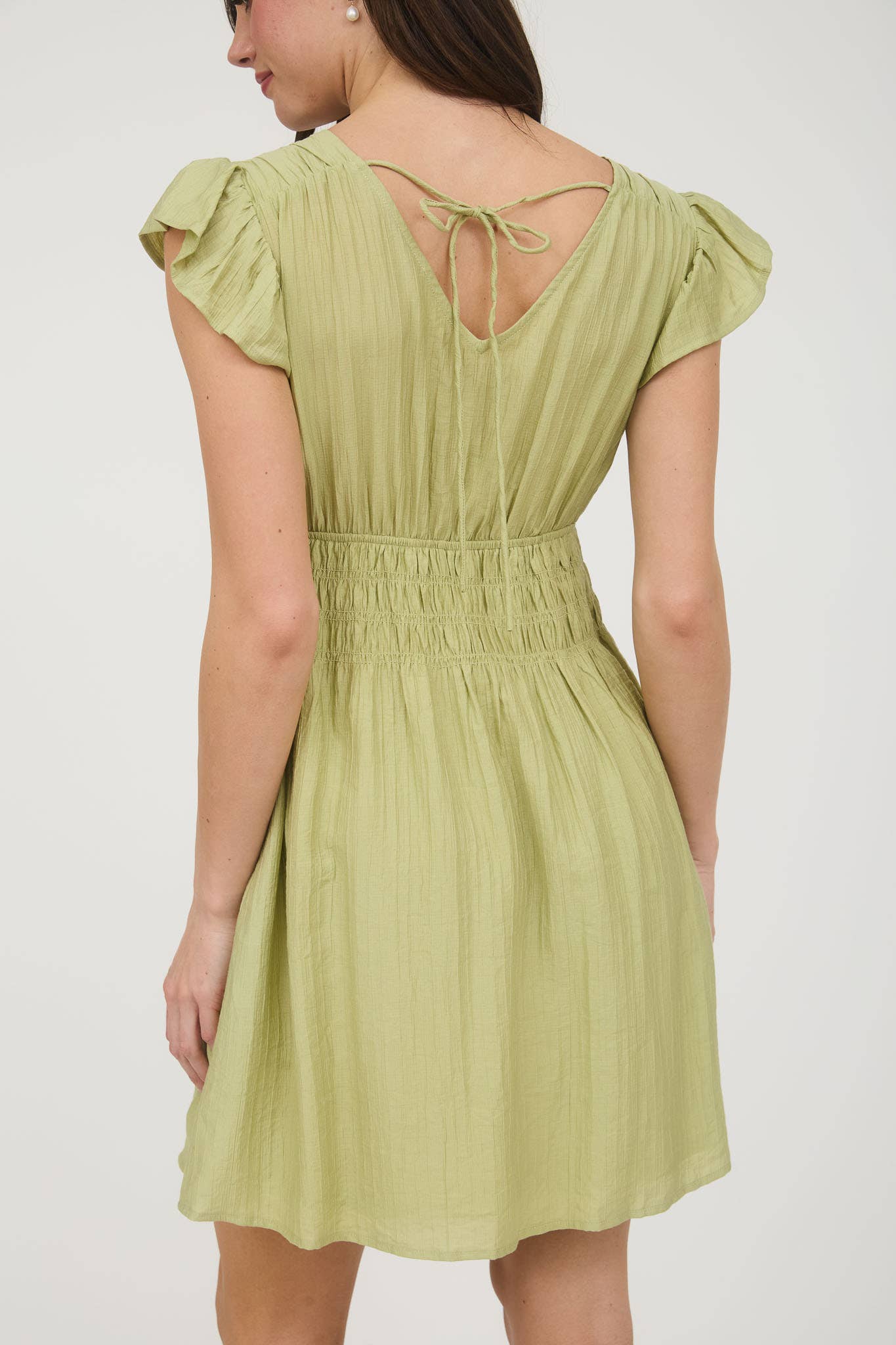 V NECK SHIRRED WAIST RUFFLE SLEEVE MINI DRESS