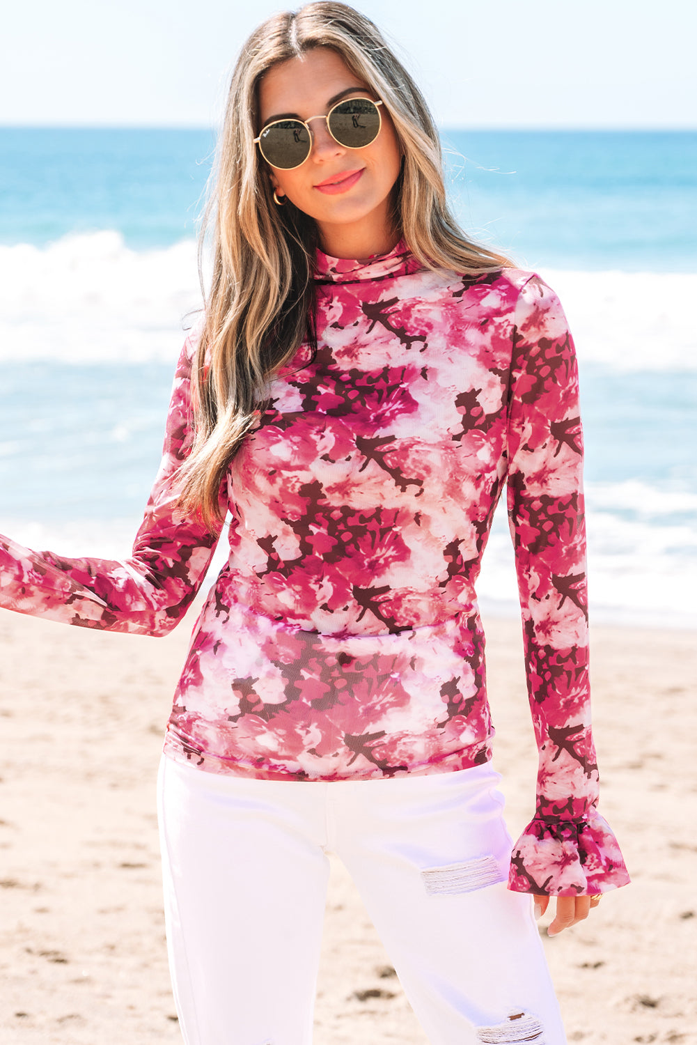 Rose Floral Mesh Flounce Sleeve Mock Neck Blouse