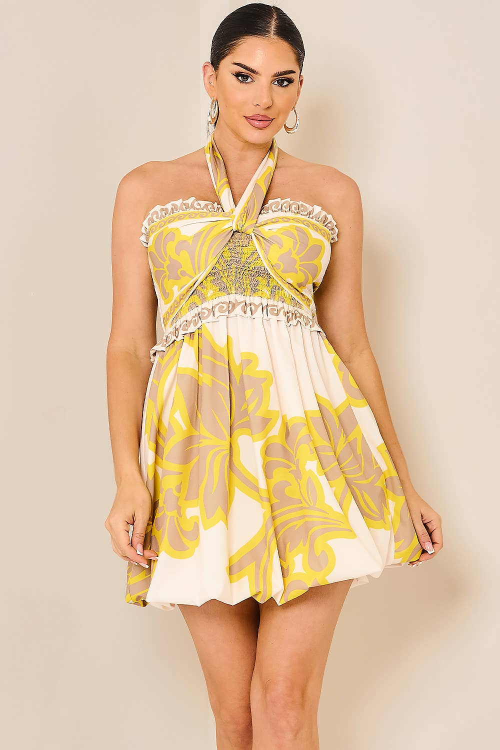 Smocked Tube Bubble Mini Dress: YELLOW COMBO / M