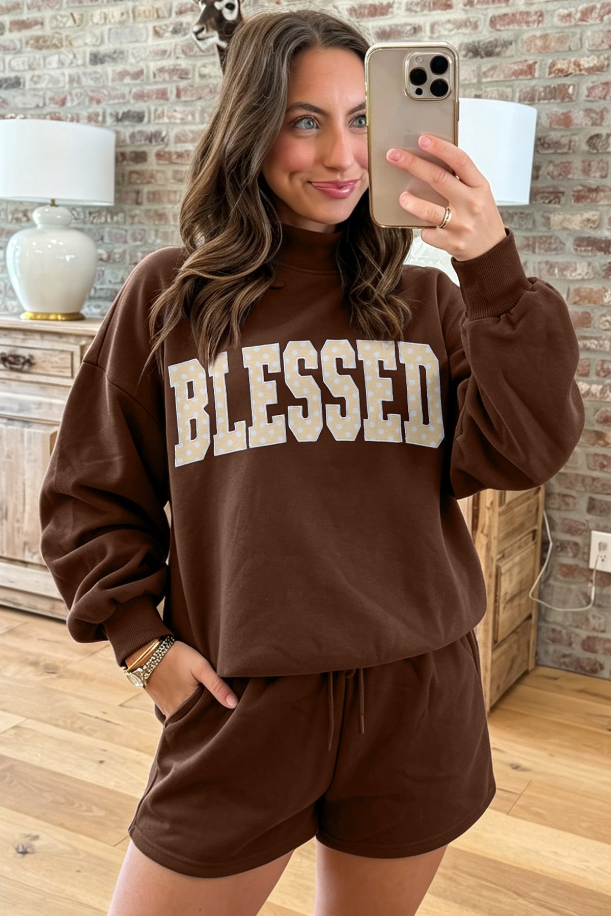Dark Green Christian Slogan Print Mock Neck Pullover and Shorts Set