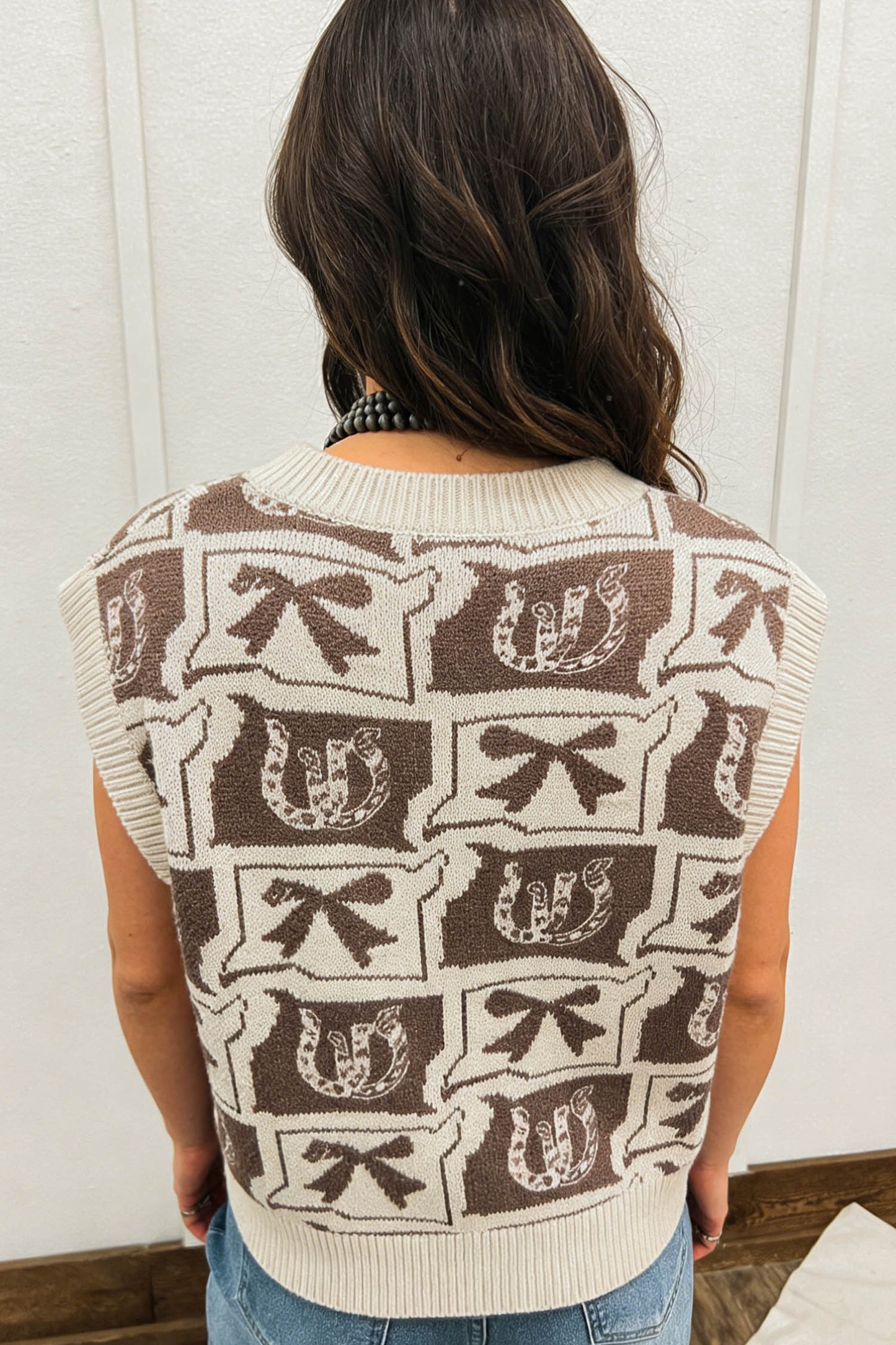 Brown Western Horseshoe Bow Printed V Neck Loose Sweater Vest